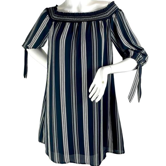 Luxology Dresses & Skirts - Luxology Black and Cream Striped Off or Over The Shoulder A-Line Size M